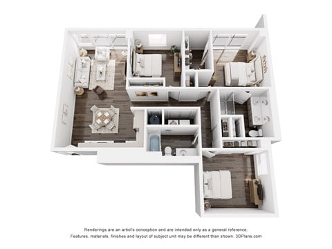 Floor plan for 3 beds, 2 baths, 1296 sqft